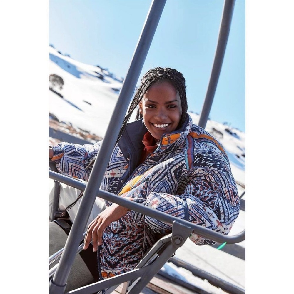 Free People Multicolor Patterned Puffer Jacket - Blue, Orange, White